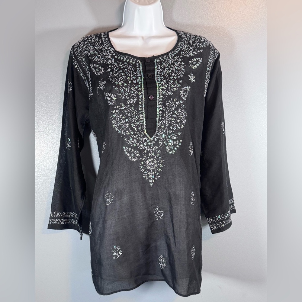 Sam Hilu Black Embroidered Tunic Top Boho India Cotton Medium - Picture 4 of 10